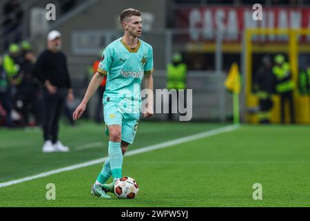 Milan, Italie. 07 mars 2024. David Doudera de SK Slavia Praha vu en action lors du Round of 16 . Étape 1 de 2 UEFA Europa League 2023/2024 entre l'AC Milan et le SK Slavia Praha au stade San Siro. Score final ; Milan 4:2 Slavia Praha. (Photo de Fabrizio Carabelli/SOPA images/Sipa USA) crédit : Sipa USA/Alamy Live News Banque D'Images