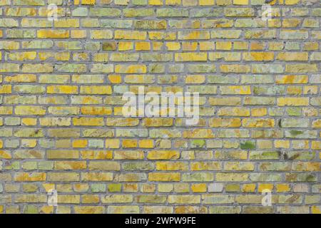 Vieux fond de texture de mur de briques peintes en jaune, élément architectural, maçonnerie, brique. Toile de fond, fond d'écran. Banque D'Images