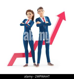 femme d'affaires de dessin animé 3d et homme d'affaires devant la flèche croissante, illustration isolée sur fond blanc Banque D'Images