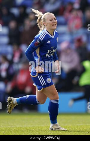 Liverpool, Royaume-Uni. 09 mars 2024. Liverpool FC v Leicester FC Barclays Super League femme PRENTON PARK TRANMERE ANGLETERRE 9 mars 2024 Jutta Rantala de Leicester City célèbre avoir marqué le deuxième but de son équipe lors du match de FA Cup féminin entre Liverpool FC et Leicester FC à Prenton Park Tranmere le 9 mars 2024 à Birkenhead, Angleterre. (Photo Alan Edwards pour F2images) crédit : ALAN EDWARDS/Alamy Live News Banque D'Images