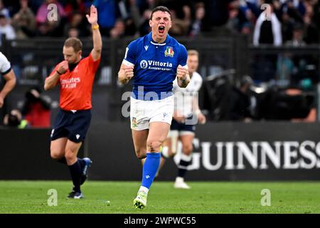 Rome, Italie. 09 mars 2024. Paolo Garbisi, Italien, célèbre le match de rugby des six Nations entre l'Italie et l'Écosse au Stadio Olimpico à Rome le 9 mars 2024. Crédit : Insidefoto di andrea staccioli/Alamy Live News Banque D'Images