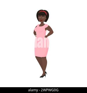 Femme heureuse chubby avec les cheveux courts et la robe rose debout dans l'illustration vectorielle de pose confiante Illustration de Vecteur