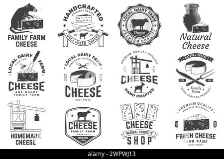 Motif écusson de la ferme familiale du fromage. Modèle pour logo, design de marque avec fromage en bloc, lacaune de mouton sur l'herbe, fourchette, couteau pour fromage, vache, fromage Illustration de Vecteur