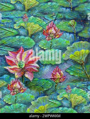 Peinture d'art à l'huile fleur de lotus et nénuphar Banque D'Images