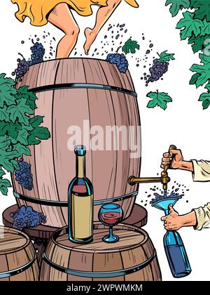 Le processus de créer du vin et de le boire instantanément. Un grand tonneau de raisins, les pieds de femmes les écrasant, un homme versant une boisson dans une bouteille. ALC Illustration de Vecteur