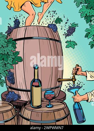 Le processus de créer du vin et de le boire instantanément. Un grand tonneau de raisins, les pieds de femmes les écrasant, un homme versant une boisson dans une bouteille. ALC Illustration de Vecteur