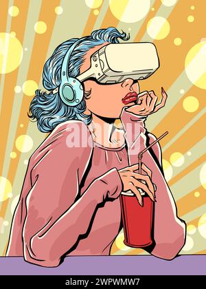 Une fille portant des écouteurs et des lunettes VR est assise dans un café. Une réalité alternative dans le contexte de notre vie quotidienne. De nouvelles opportunités pour socia Illustration de Vecteur