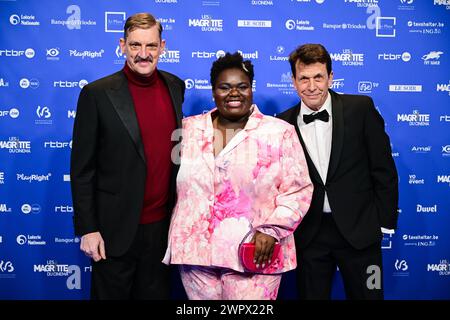 Bruxelles, Belgique. 09 mars 2024. L'acteur Peter Van Den Begin, l'actrice Laetitia Mampaka et l'acteur Philippe Resimont photographiés sur le tapis bleu à l'arrivée pour la 13ème édition de la cérémonie de remise des prix du film 'Magritte du Cinema', samedi 09 mars 2024, à Bruxelles. Les prix sont récompensés aux films des producteurs belges francophones. BELGA PHOTO LAURIE DIEFFEMBACQ crédit : Belga News Agency/Alamy Live News Banque D'Images