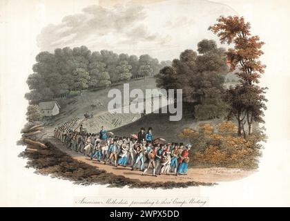 Lithographie couleur vintage : ' American Methodists Proceeding to Their Camp Meeting ' . Virginie - histoire religieuse américaine. Américains méthodistes et anabaptistes couleurs aquatintes gravures du second Grand réveil, par Jacques Gérard Milbert vers les années 1820 Banque D'Images