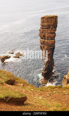 Vue en bas sur la pile de mer du nord de Gaulton sur la côte ouest des Orcades continentales montrant les anciennes falaises spectaculaires, Orcades, Écosse, Royaume-Uni Banque D'Images