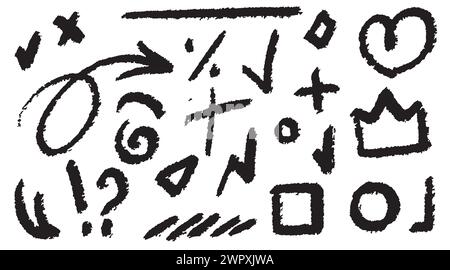Un groupe de flèches et de cadres à la craie. Symboles dessinés au fusain noir pour les diagrammes dessinés. Dessin de marqueur vectoriel de doodle. Illustration de Vecteur