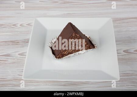 Gâteau mosaïque au chocolat et biscuit avec sauce au chocolat. Gâteau en mosaïque au chocolat sur plaque de porcelaine. Banque D'Images