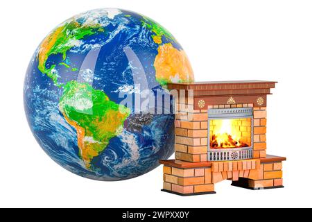 Cheminée avec globe terrestre. Rendu 3D isolé sur fond blanc Banque D'Images