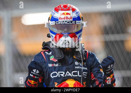 Djeddah, Arabie Saoudite. 9 mars 2024. Max Verstappen, des pays-Bas de Red Bull, célèbre le Grand Prix saoudien de formule 1 sur le circuit de la Corniche de Djeddah, en Arabie saoudite, le 9 mars 2024. Crédit : Qian Jun/Xinhua/Alamy Live News Banque D'Images