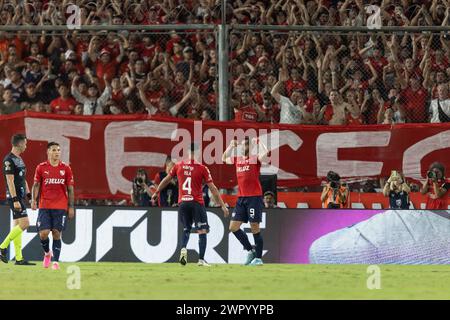 Avellaneda, Argentine. 9 mars 2024. Gabriel Ávalos d'Independiente célèbre le match de la Copa de la Liga Profesional de Fútbol entre le Club Atlético Independiente et le Club Atlético River plate au stade Libertadores de América. Crédit : Mateo Occhi (Sporteo) / Alamy Live News Banque D'Images