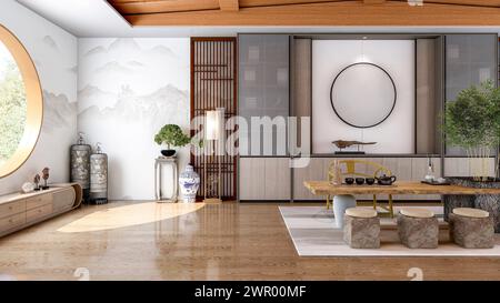 Intérieur de style chinois traditionnel salon avec mobilier et parquet, rendu 3d Banque D'Images
