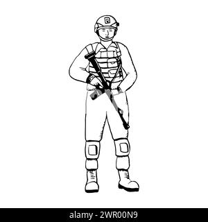 Soldat debout de vecteur en uniforme avec fusil d'assaut illustration d'encre noire et blanche pour la guerre et la paix ou le jour des vétérans. Vue de face Illustration de Vecteur