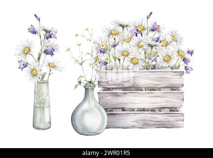 Bouquet d'aquarelle de fleurs de fleur blanche camomille et Bluebell violette dans une boîte en bois gris blanc. Marguerite dans un pot en verre et une boîte avec des planches en bois Banque D'Images