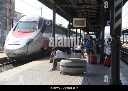 Stazione Ferroviaria con treni e passeggeri / Gare avec trains et passagers Banque D'Images