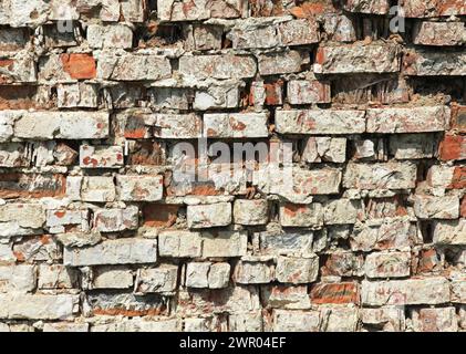 Vieux mur de briques, texture, fond. Mur ébréché et en ruine, fait de vieilles briques rouges, assombri par la vieillesse. Briques anciennes vintage. Arrière-plan Banque D'Images