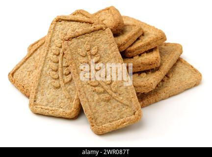 Biscuits avec farine de blé entier. Croquant, grains sur fond blanc Banque D'Images