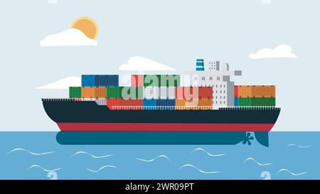 Illustration vectorielle d'un grand cargo chargé de conteneurs multicolores naviguant à travers l'océan. Cargo Ship Laden avec des conteneurs Illustration de Vecteur