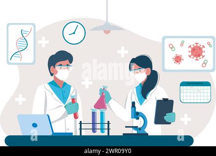 Deux scientifiques travaillant ensemble dans un laboratoire bien équipé. Les professionnels masculins et féminins collaborent à une expérience scientifique. Illustration de Vecteur