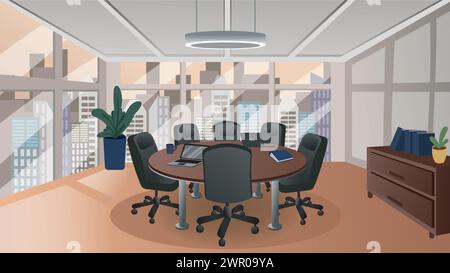 Illustration vectorielle de la salle de réunion d'entreprise moderne vide, vue intérieure. Salle de conférence de style dessin animé avec table ronde et chaises. Illustration de Vecteur