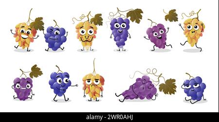 Personnage de raisin de dessin animé. Drôle d'émotions d'émoticône avec différents visages, emoji joyeux mignon pour le chat et le messager. Ensemble isolé de vecteur Illustration de Vecteur