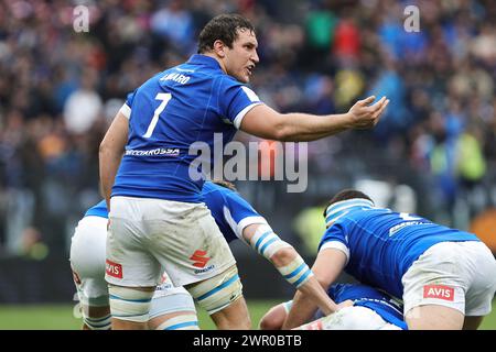 Rome, Italie. 09 mars 2024. Michele Lamaro d'Italie fait des gestes lors du Championnat des six Nations 2024, match de rugby à xv entre l'Italie et l'Écosse le 9 mars 2024 au Stadio Olimpico à Rome, Italie - photo Federico Proietti/DPPI crédit : DPPI Media/Alamy Live News Banque D'Images