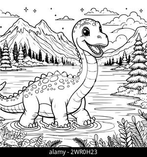 coloration dessiner brontosaurus de dinosaure dans le fond de montagne du lac version noire et blanche bonne pour les enfants Illustration de Vecteur