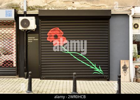 Peinture graffiti single Coquelicot sur une petite porte à volet roulant de magasin de quartier à Sofia Bulgarie, Europe de l'est, Balkans, UE Banque D'Images