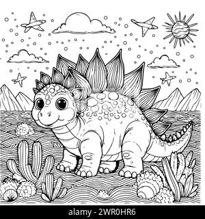 coloriage dessiner dinosaure stegosaurus dans la montagne avec un fond d'étoiles et une version noire et blanche heureuse bonne pour les enfants Illustration de Vecteur