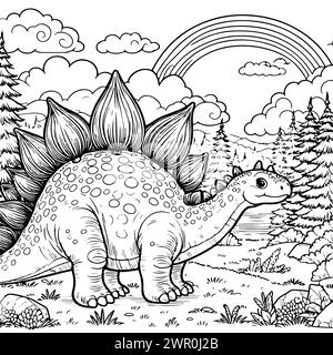 coloration dessiner dinosaure stegosaurus avec fond arc-en-ciel version noire et blanche bonne pour les enfants Illustration de Vecteur