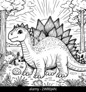 coloration dessiner dinosaure stegosaurus avec fond de lever de soleil version noire et blanche bon pour les enfants Illustration de Vecteur