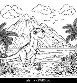 coloration dessiner dinosaure trex dans la montagne avec fond de mer version noir et blanc bon pour les enfants Illustration de Vecteur