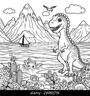 coloriage dessiner dinosaure trex dans le fond de la mer et heureux noir et blanc version bon pour les enfants Illustration de Vecteur