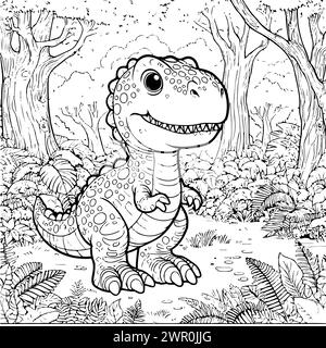 coloration dessiner dinosaure tyranosaure avec un fond de jungle. version noir et blanc bon pour les enfants et les enfants Illustration de Vecteur