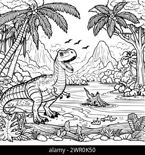 coloriage dessiner dinosaure velociraptor dans le fond de la rivière version noire et blanche bonne pour les enfants Illustration de Vecteur