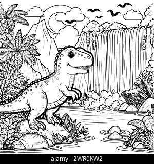 coloriage dessiner dinosaure avec un fond de lac et de cascade. version noir et blanc bon pour les enfants Illustration de Vecteur