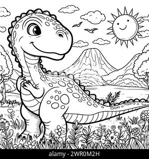 coloration dessiner dinosaure avec un fond de prairie et un soleil heureux. version noir et blanc bon pour les enfants Illustration de Vecteur