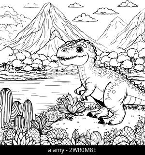 coloriage dessiner dinosaure avec un fond de montagne et de lac. version noir et blanc bon pour les enfants Illustration de Vecteur