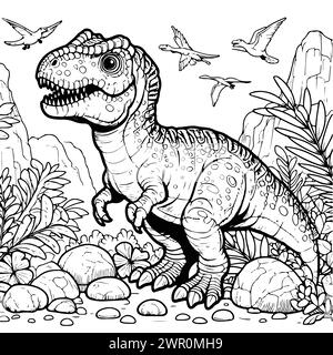 coloration dessiner dinosaure avec un fond de montagne en pierre et oiseau. version noir et blanc bon pour les enfants Illustration de Vecteur