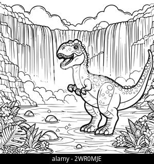 coloriage dessiner dinosaure avec un fond de lac de cascade. version noir et blanc bon pour les enfants Illustration de Vecteur