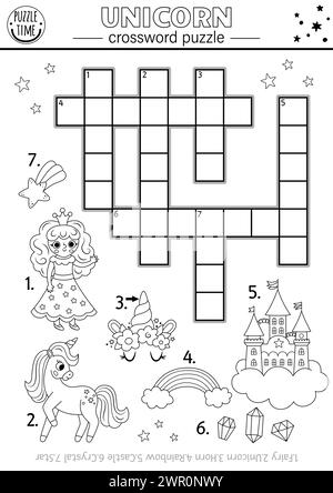 Puzzle de mots croisés de licorne noir et blanc de vecteur pour les enfants. Fantasy Country quiz avec fée, arc-en-ciel, cristaux, étoile tombante pour les enfants. Mignonne fée Illustration de Vecteur