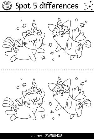 Trouver les différences jeu noir et blanc pour les enfants avec chat licorne et chien. Activité de ligne de conte de fées avec des animaux drôles avec des cornes. Page de coloriage mignonne Illustration de Vecteur