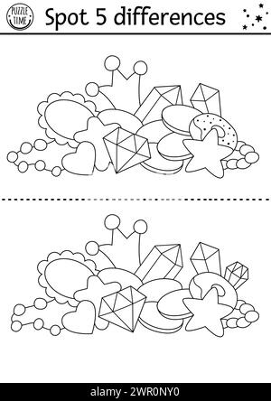 Trouver les différences jeu noir et blanc pour les enfants avec des trésors de licorne. Activité de ligne de conte de fées avec tas de cristaux avec couronne. Page de coloriage mignonne p Illustration de Vecteur