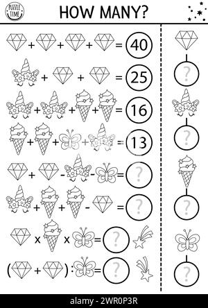 Conte de fées noir et blanc combien de cristaux jeu, équation ou rébus. Activité mathématique de ligne UNICORN. Magic World feuille de calcul de comptage imprimable ou coloration Illustration de Vecteur