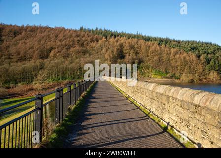 Sentier le long du barrage de Ladybower dans la vallée de Derwent, parc national Peak District, Derbyshire par une journée d'hiver ensoleillée. Banque D'Images