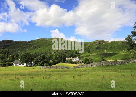 Vue estivale sur le village d'Elterwater, Langdale, Lake District National Park, Cumbria, Angleterre, Royaume-Uni Banque D'Images